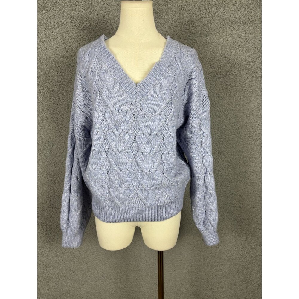 Hippie Rose Juniors' Women'sHeart Cable-Knit V-Neck Sweater Frozen Peri Med NWTs